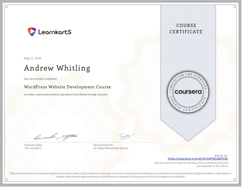 Course certificate for WordPress Website Development Course awarded to Andrew Whitling August 17, 2026